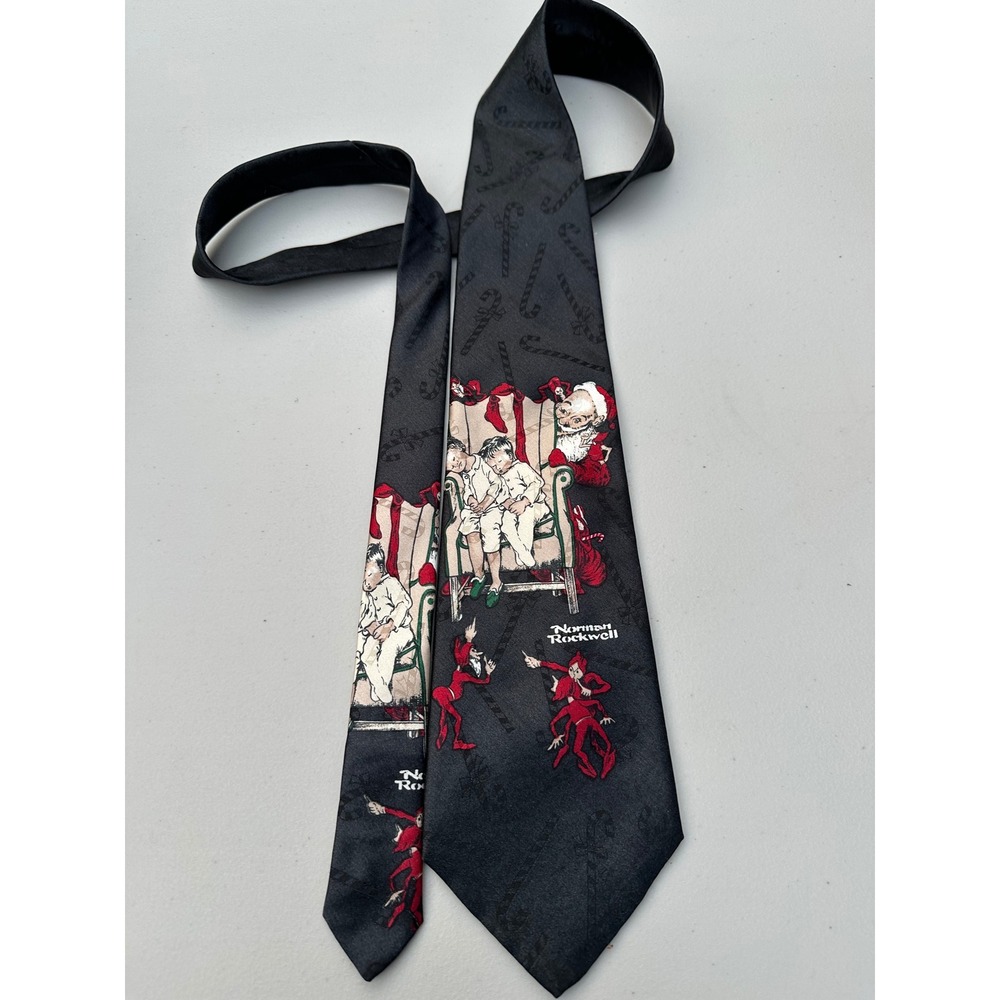 Norman Rockwell Christmas Tie Mens Black Santa Elves Yule Tie Greetings Holiday